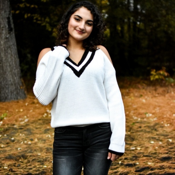 Luxe Label Sweaters - Varsity Vibes Striped V Neck Sweater (Off White)